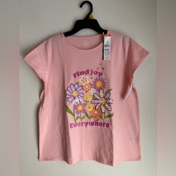 Wonder Nation Girls Pink Sequins Accent Floral Tee with Joyful Message size XL - Picture 4 of 4